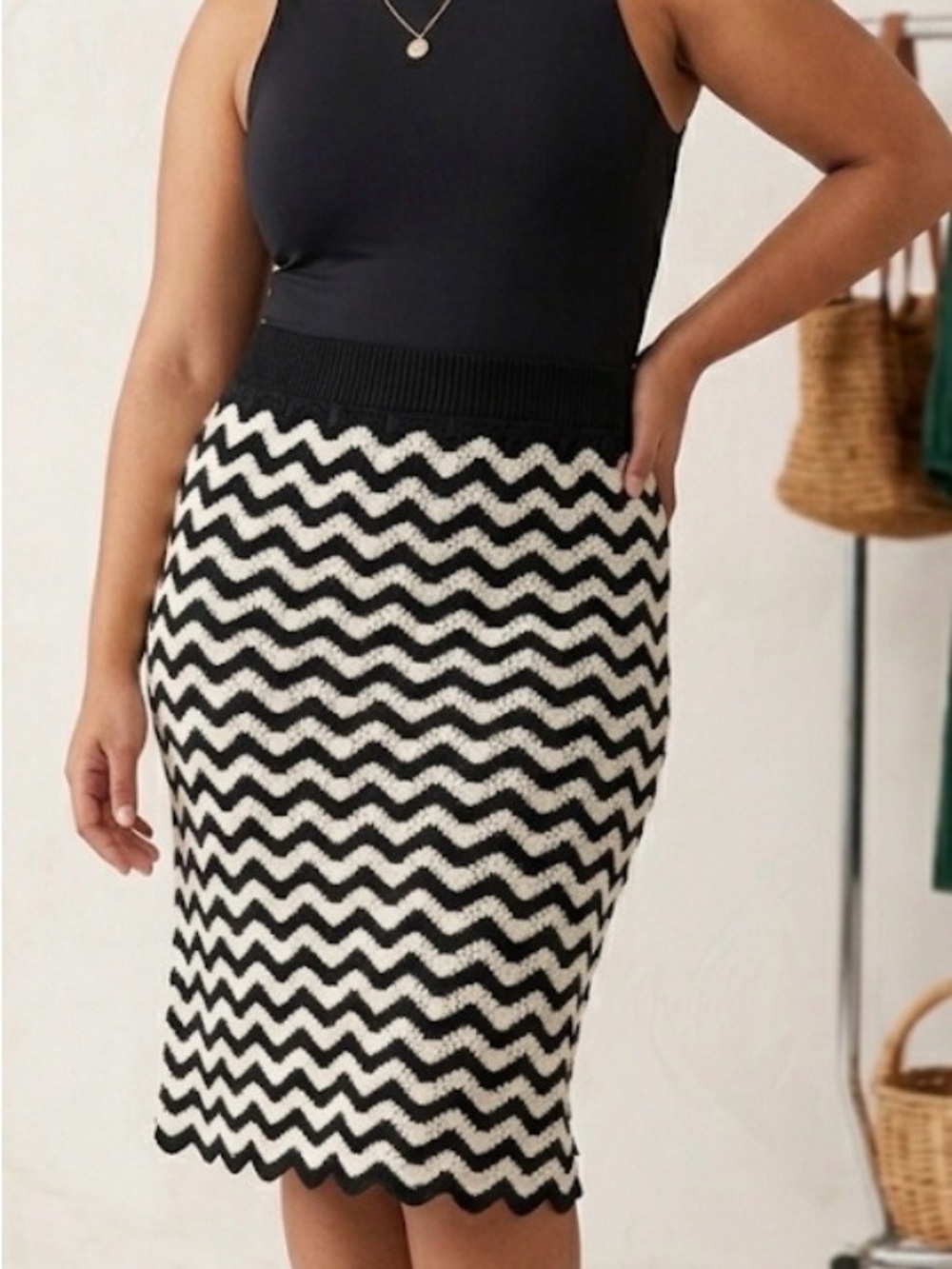 Plus size 2X Ava and Viv Black & White Chevron Knit Pencil Skirt -